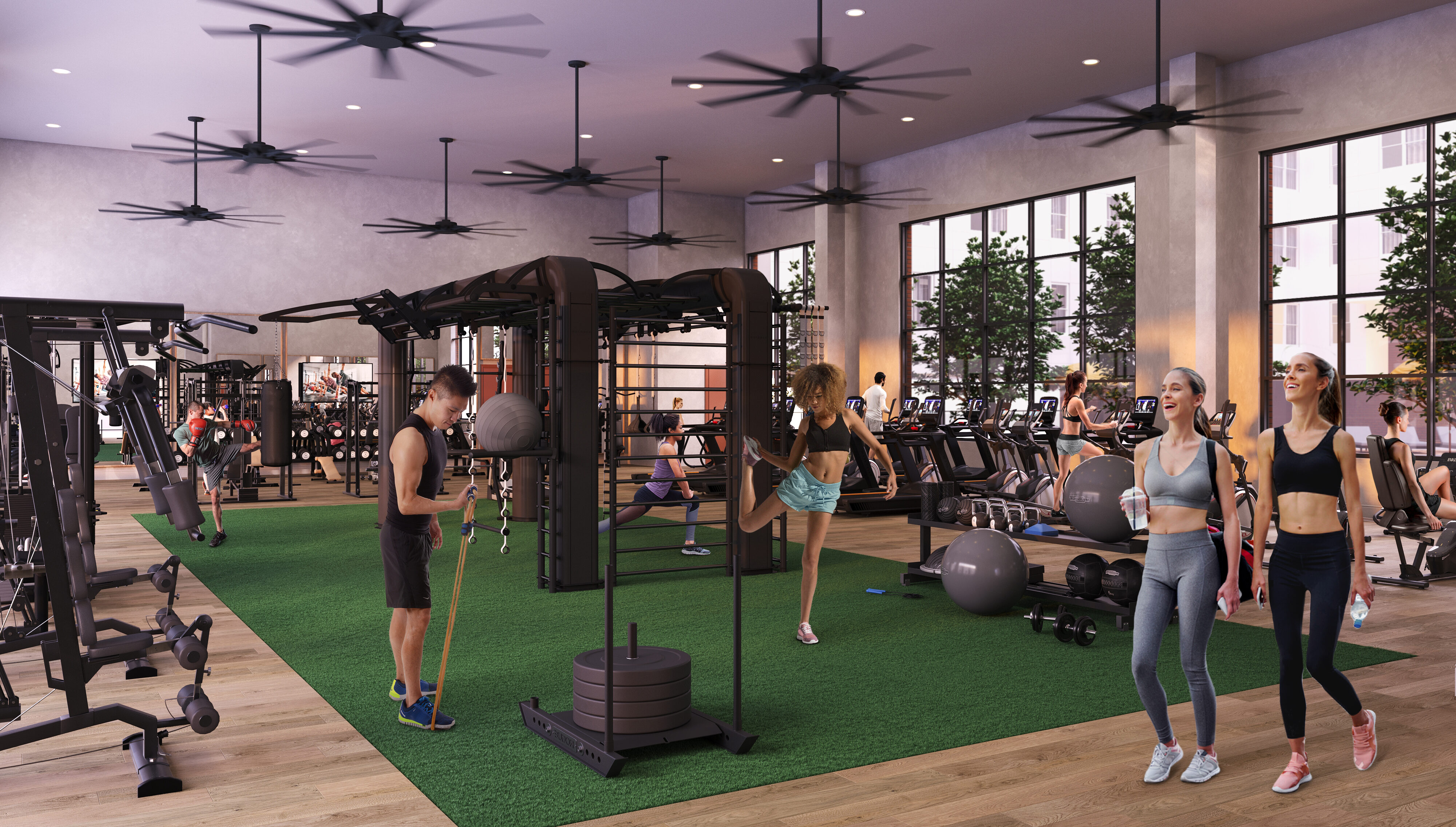 Rendering of fitness center at Rambler Athens, a UGA student apartment