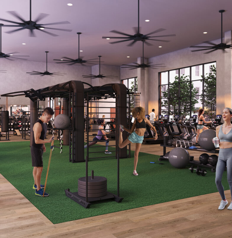 Rendering of fitness center at Rambler Athens, student apartments near UGA