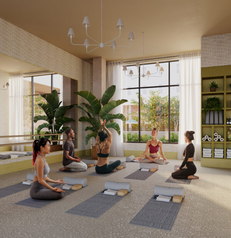 Rendering of yoga studio at Rambler Athens, a student housing development near UGA