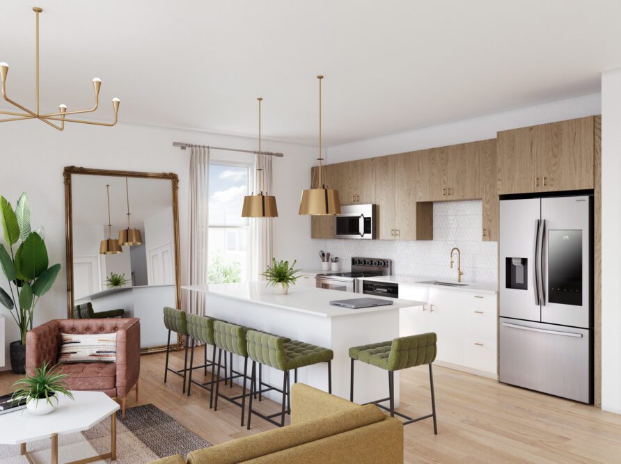 Rendering of kitchen in the Hull at Rambler Athens, student apartments near UGA
