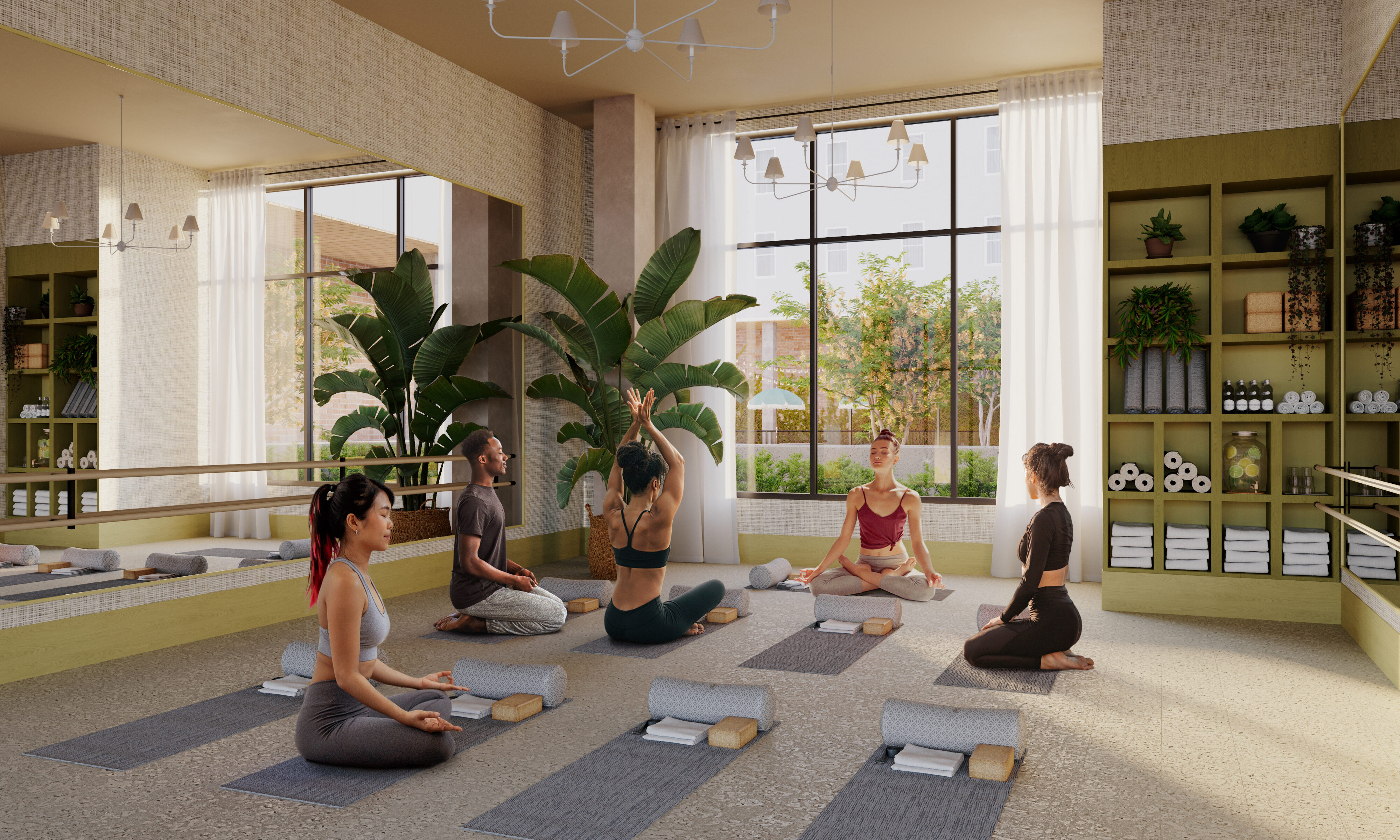 Rendering of the yoga studio at Rambler Athens, UGA student apartments.