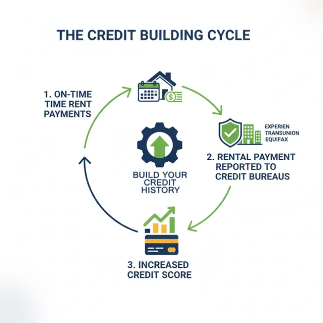 A circular flowchart titled The Credit Building Cycle shows three steps: 1. On-time rent payments, 2. Rental payment reported to credit bureaus, 3. Increased credit score, leading to building credit history.