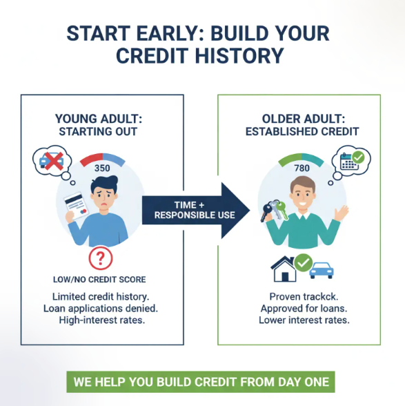 Infographic shows a young adult with loan challenges due to a low credit score, contrasted with an older adult enjoying approved loans and better rates—highlighting how building credit early through tools like rent reporting pays off.